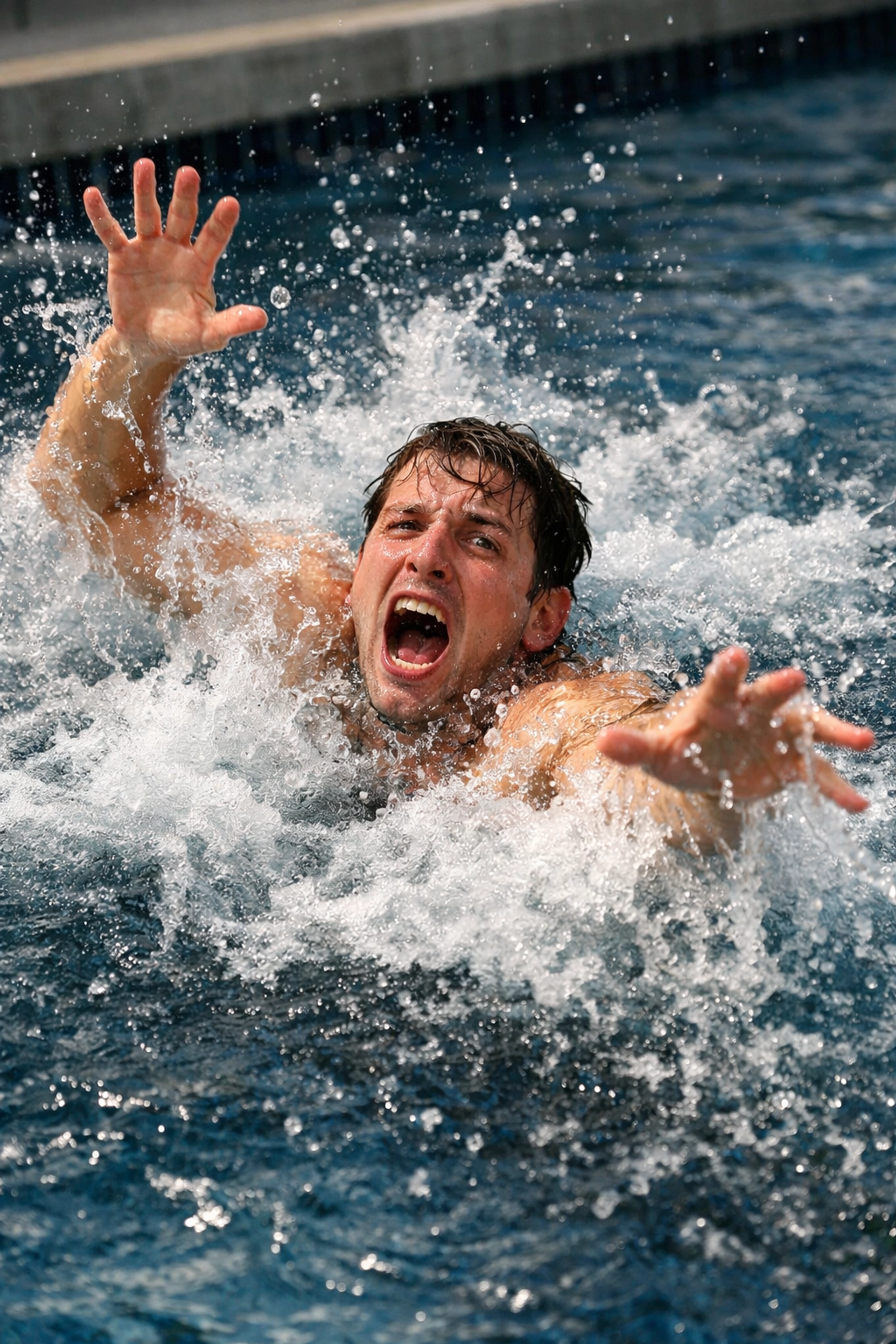Panicked swimmer thrashing in water representing risky 100% stock market retirement strategy