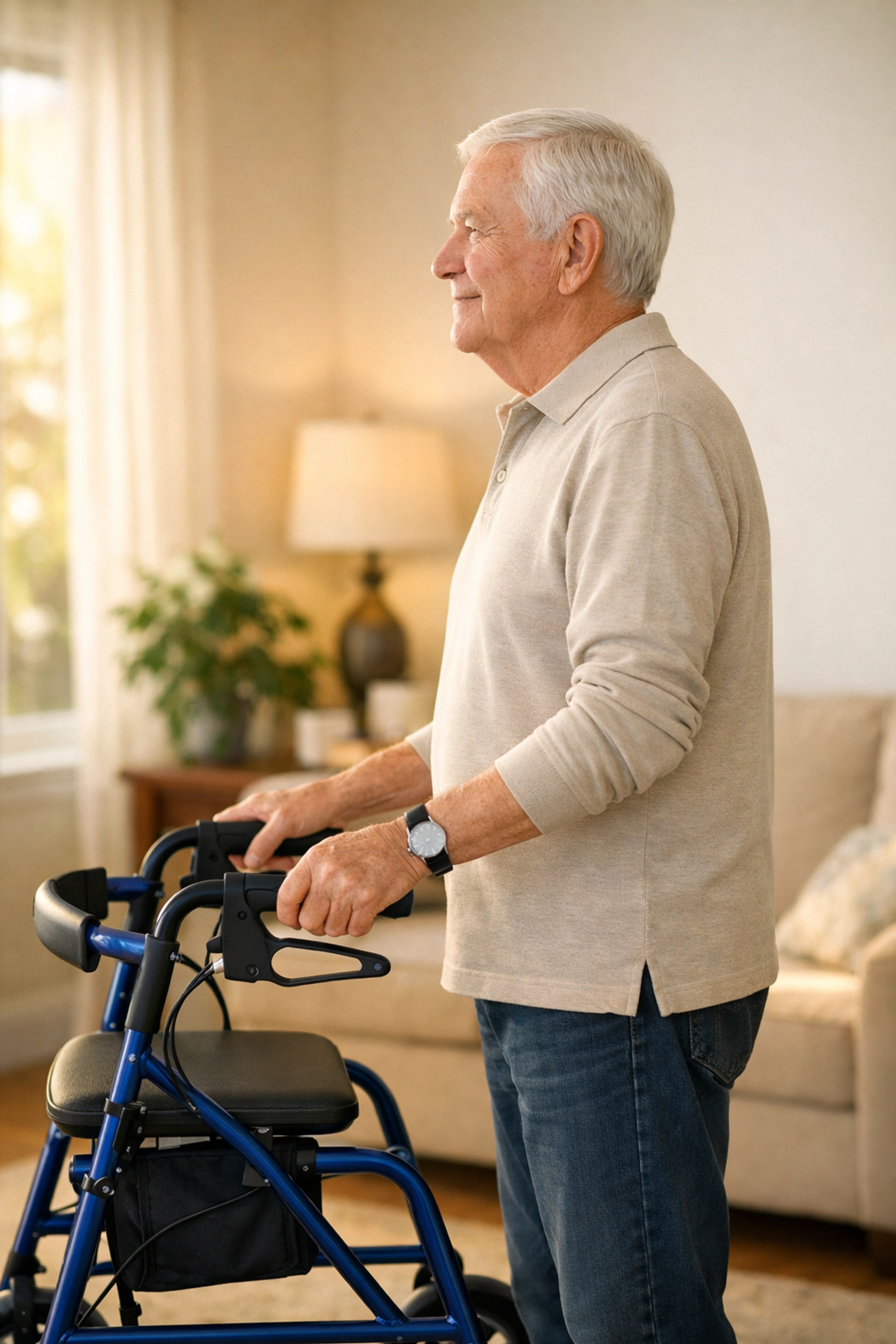 A senior man using a walker adjusted to the correct ergonomic height for better balance.