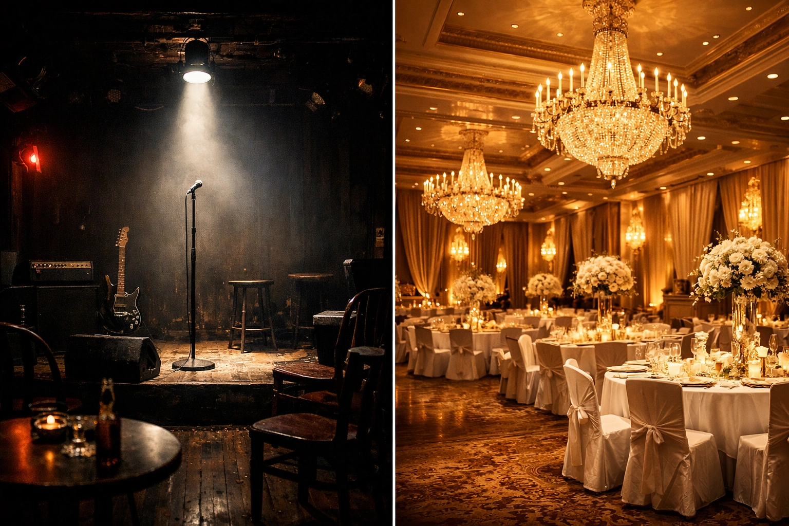 Contrast between empty dive bar stage and luxury wedding ballroom showing band visibility gap