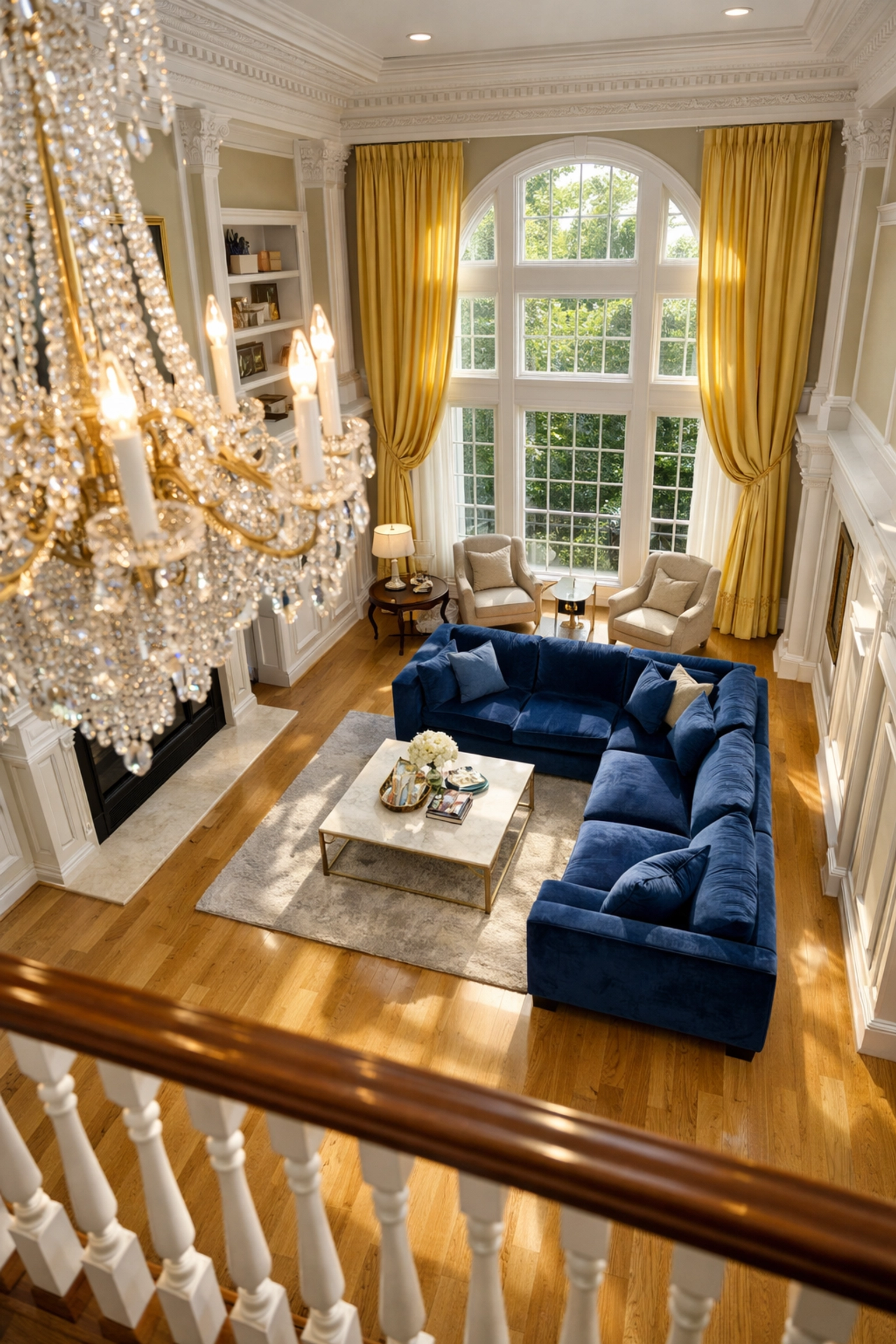 Pristine Hingham luxury living room with clean crown molding, showcasing top-down cleaning strategy results.