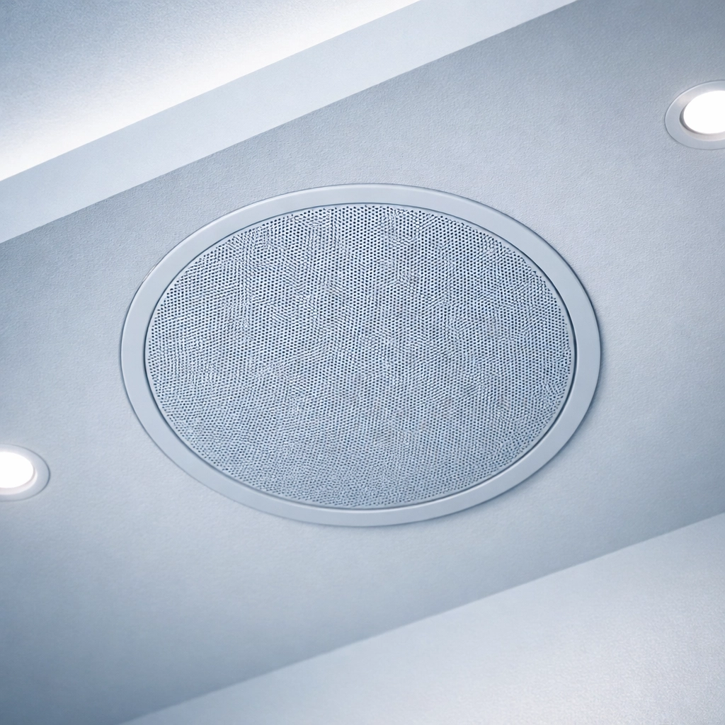 Dolby Atmos ceiling speaker professionally installed flush-mounted in modern home cinema