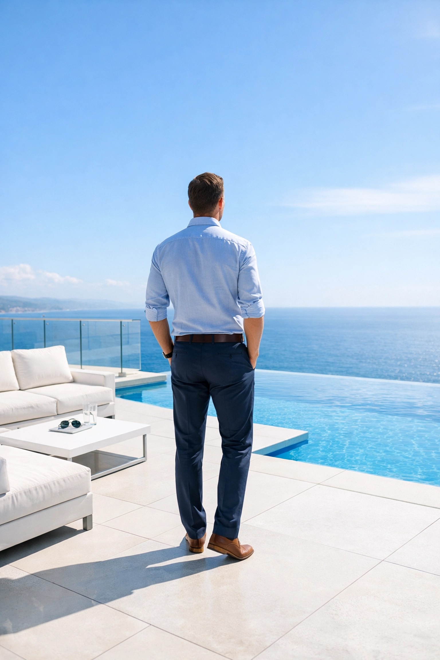 Professional on a pool deck reflecting on a successful and resilient pool business investment.