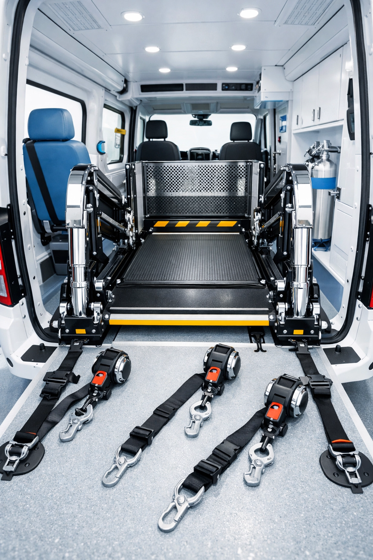 Interior of a medical transport van with a safe wheelchair lift for non-emergency medical transportation.