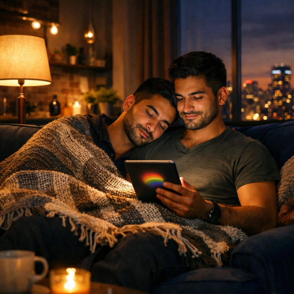 A happy gay Afghan couple cuddling on a sofa while reading a romantic MM fiction ebook together.