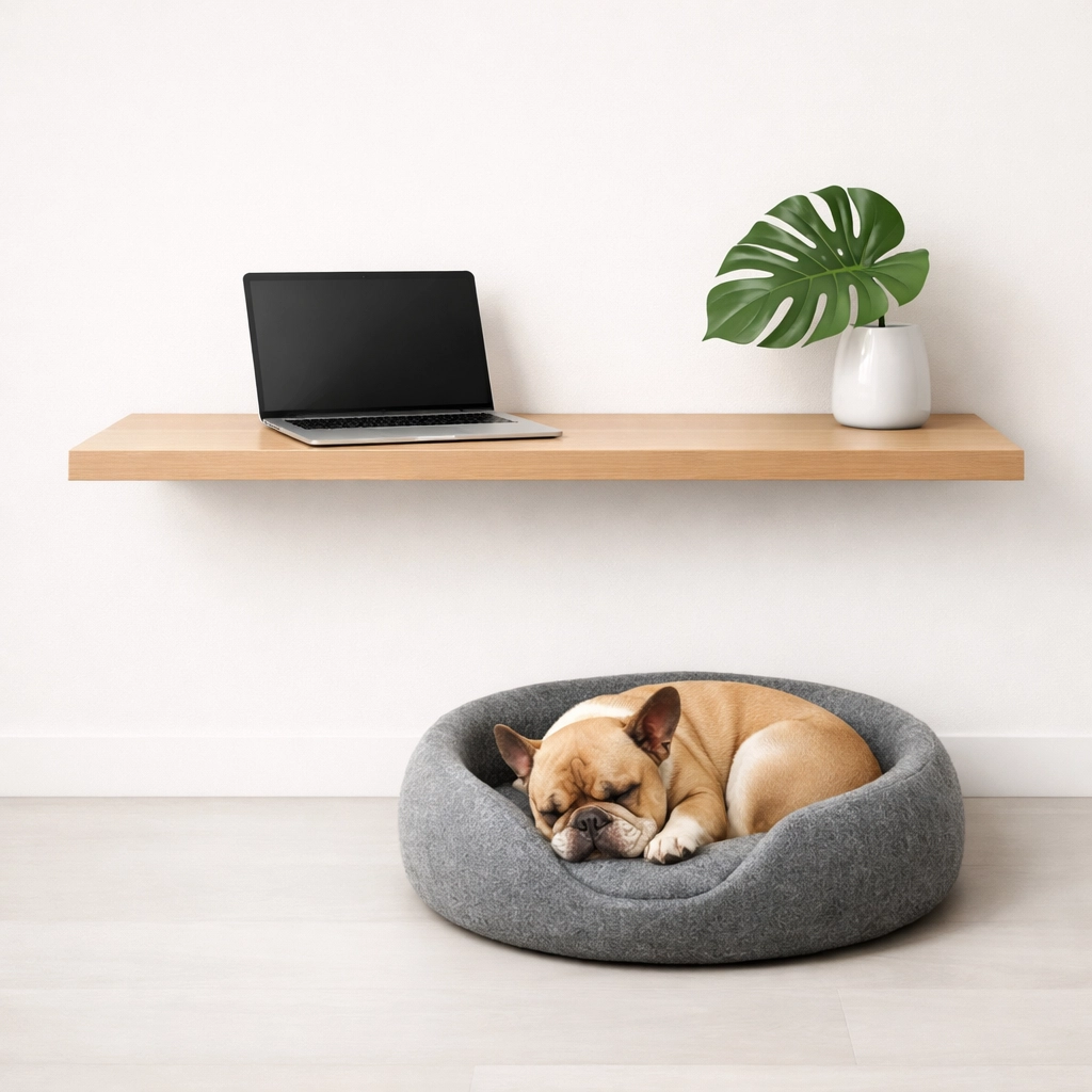 Content French Bulldog in a minimalist home office illustrating pet wellness benefits for employees.