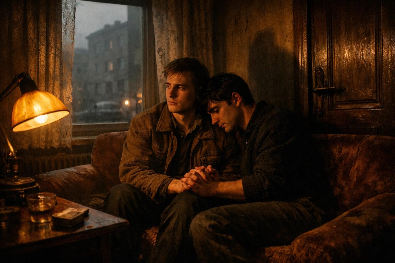 Two men sitting in a vintage Soviet apartment in Vilnius, depicting the hidden queer life during the era of repression.
