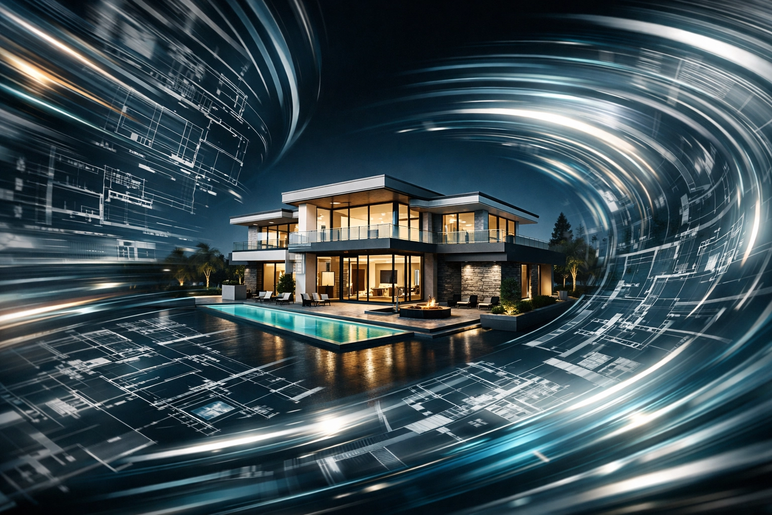 Modern luxury home with motion effects representing speed in securing bridging loan funding.