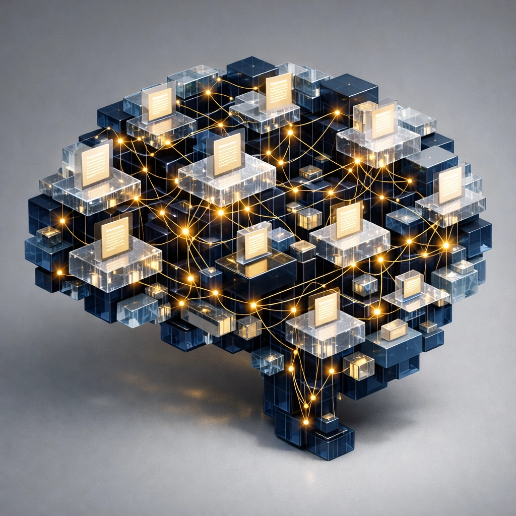 Digital story brain connecting plot points and manuscript pages for a structured AI book draft.