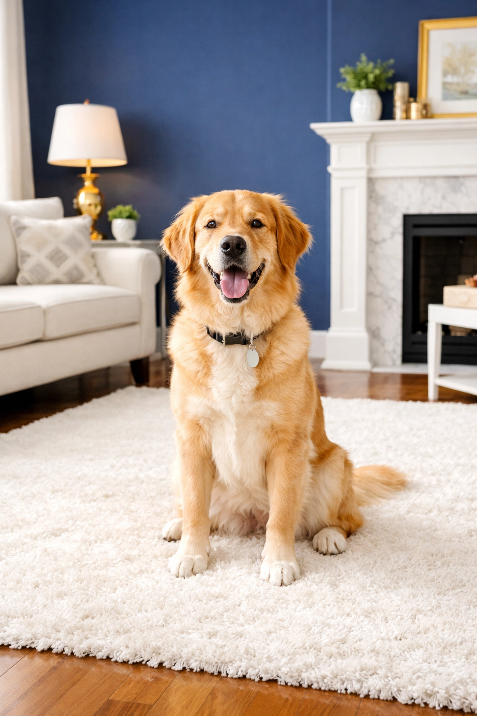 A clean dog on a hair-free white rug in a spotless, pet-friendly Wellfleet home.