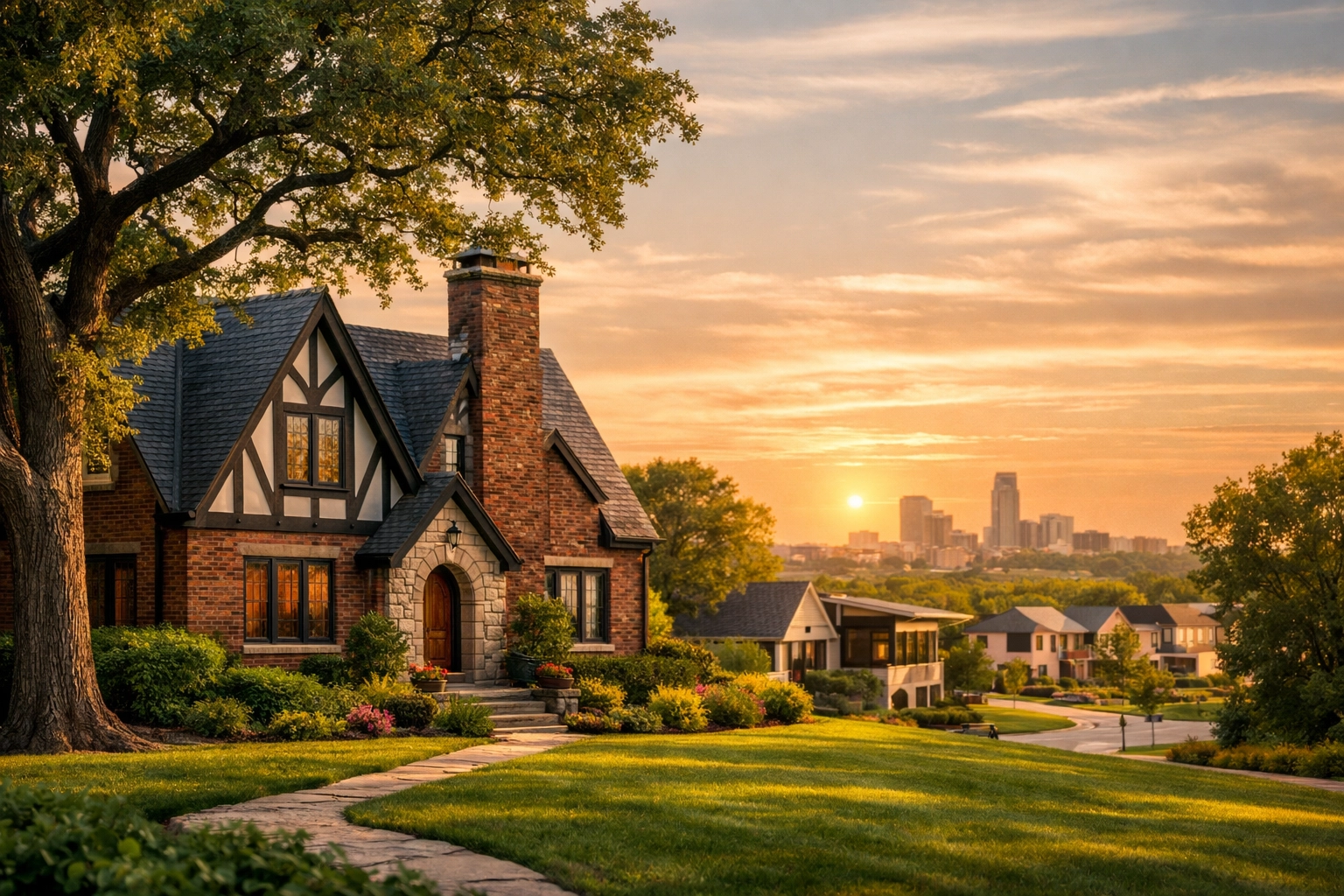 A historic brick Tudor home in an Omaha neighborhood with a modern suburban development in the distance.