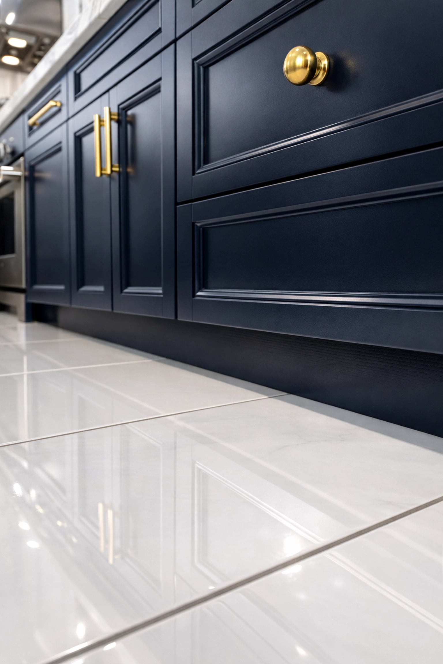 Detail of a crumb-free kitchen floor and cabinets after professional house cleaning in Leominster.