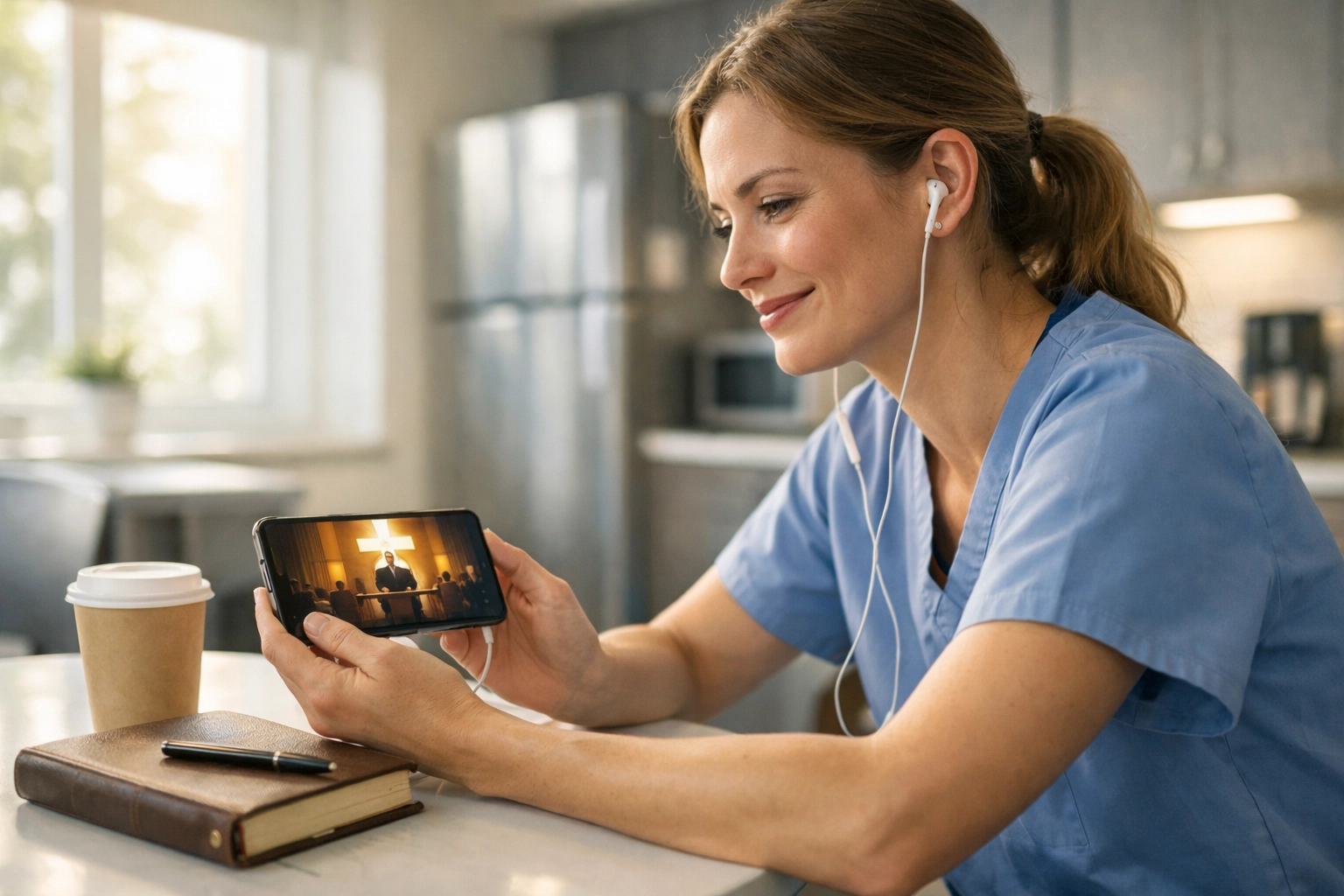 A nurse in a hospital breakroom engaging with a digital church community on her smartphone.
