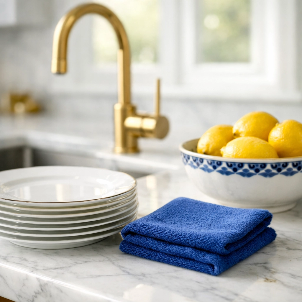 Clean fine china and marble countertops in a Westford luxury kitchen after professional house cleaning.