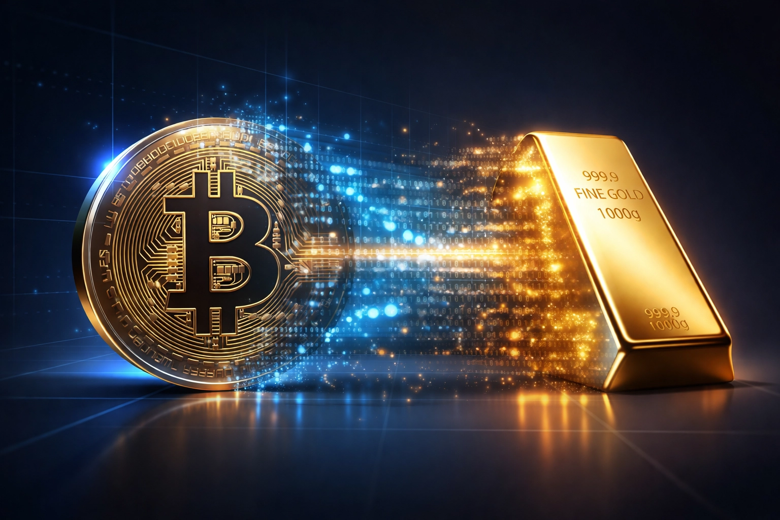 Bitcoin coin morphing into a gold bar, illustrating the integration of digital assets into institutional alternative investments.
