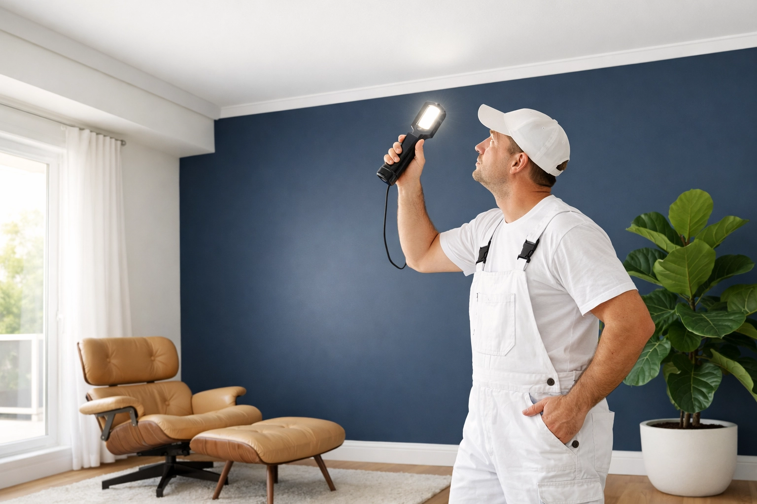 Professional Atlanta painter inspecting clean cut-in lines on a navy blue accent wall.