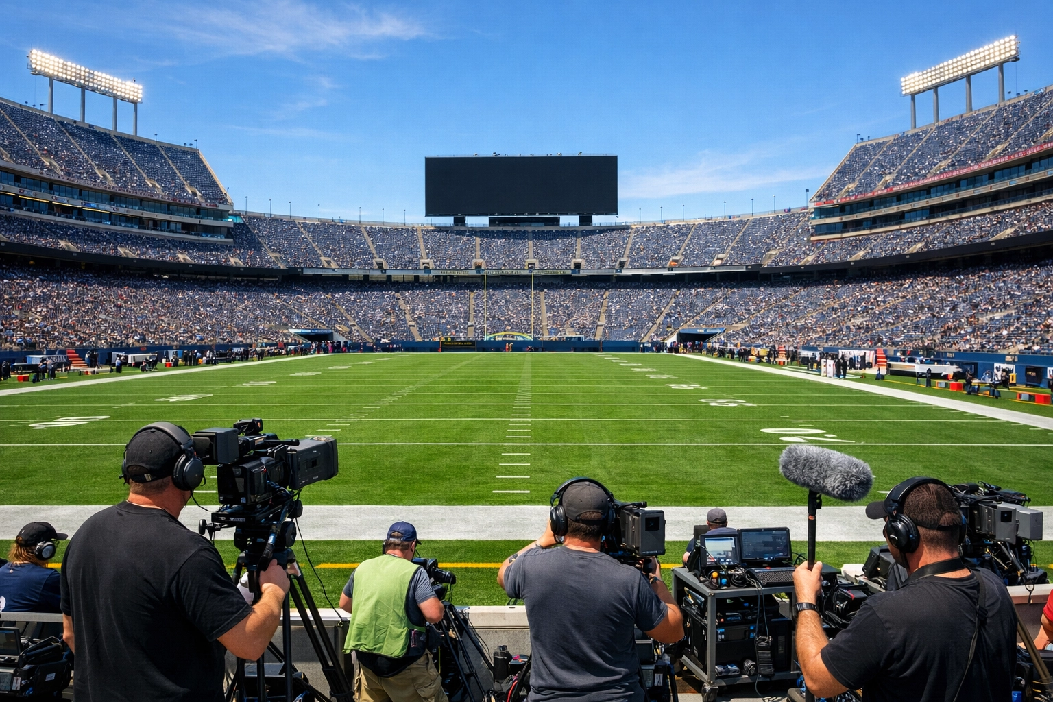 Aerial view of a professional football stadium with media crews prepared for a large-scale event production.