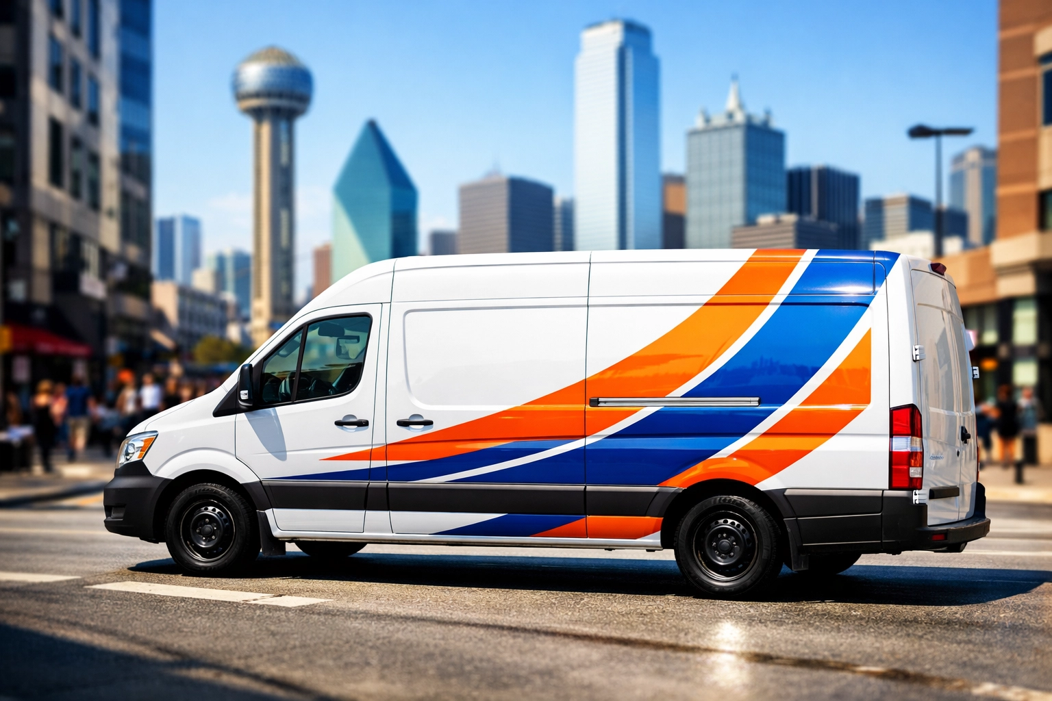 White cargo van with a professional partial vehicle decal wrap for mobile advertising in Dallas.