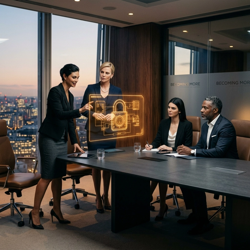 Executive leaders analyzing a holographic lock schematic to implement the Panama Canal Method for faster decisions.