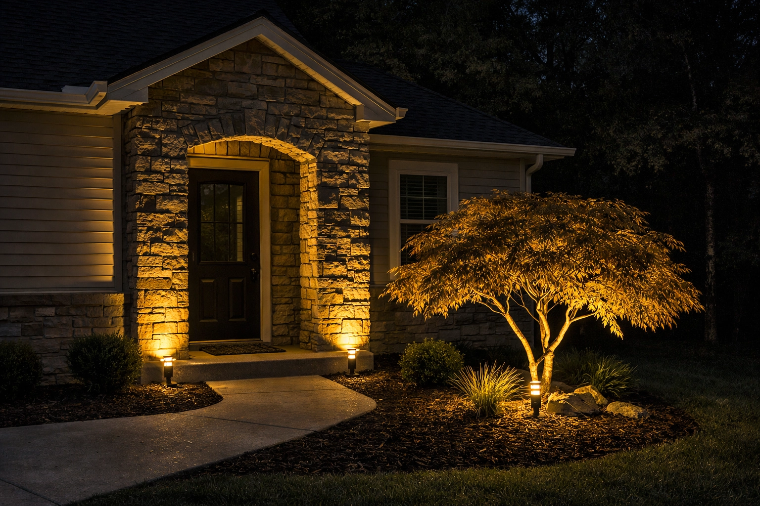 Warm LED landscape lighting illuminating a stone walkway and tree at a home in Lexington, Kentucky.