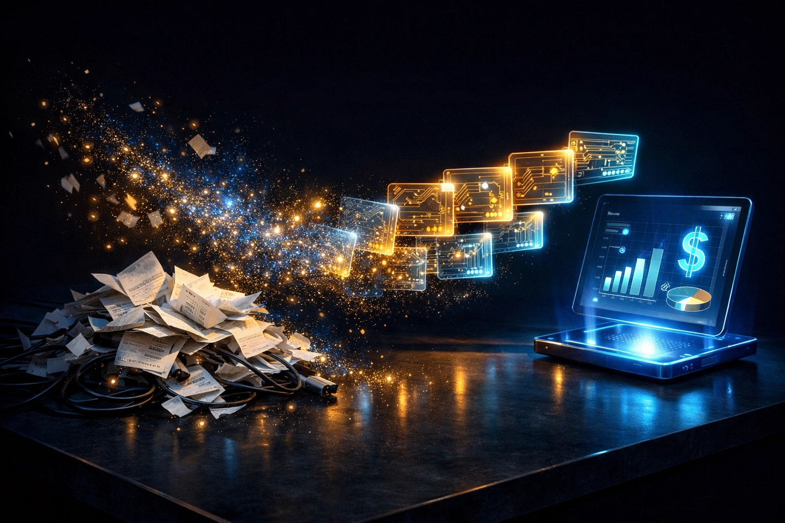 Paper receipts transforming into secure digital NFT receipts for automated blockchain business accounting.