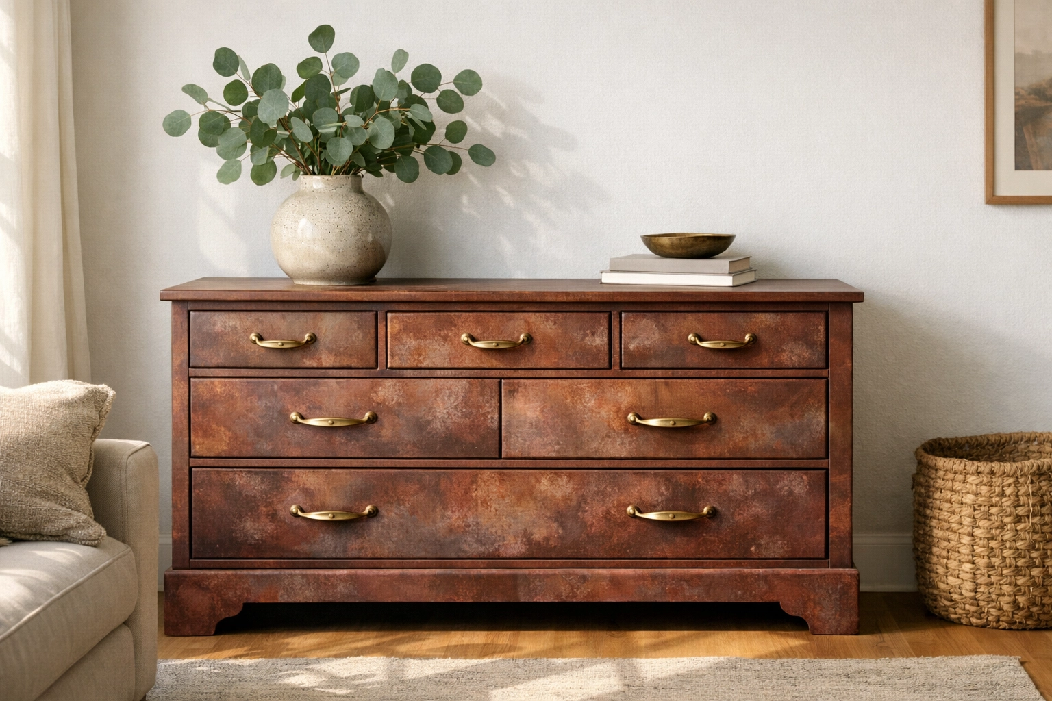 High-end upcycled dresser with a moody clay textured finish styled in a bright, modern living room.