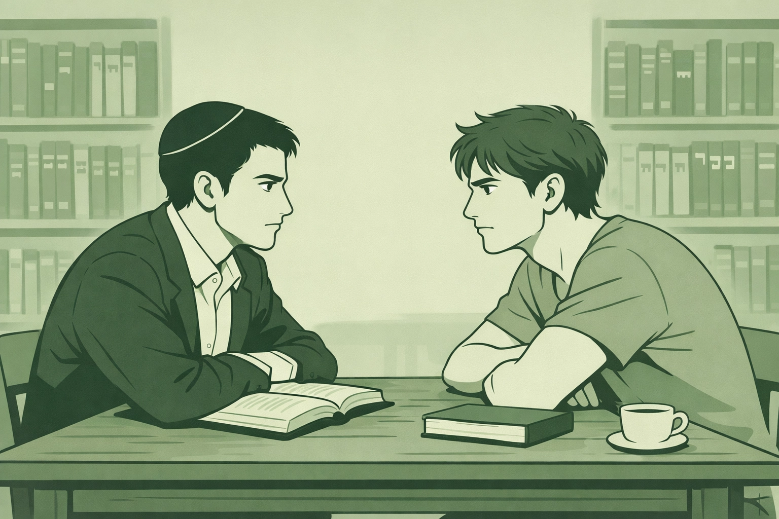 Orthodox Jewish man and partner at study table - gay romance navigating religious tradition