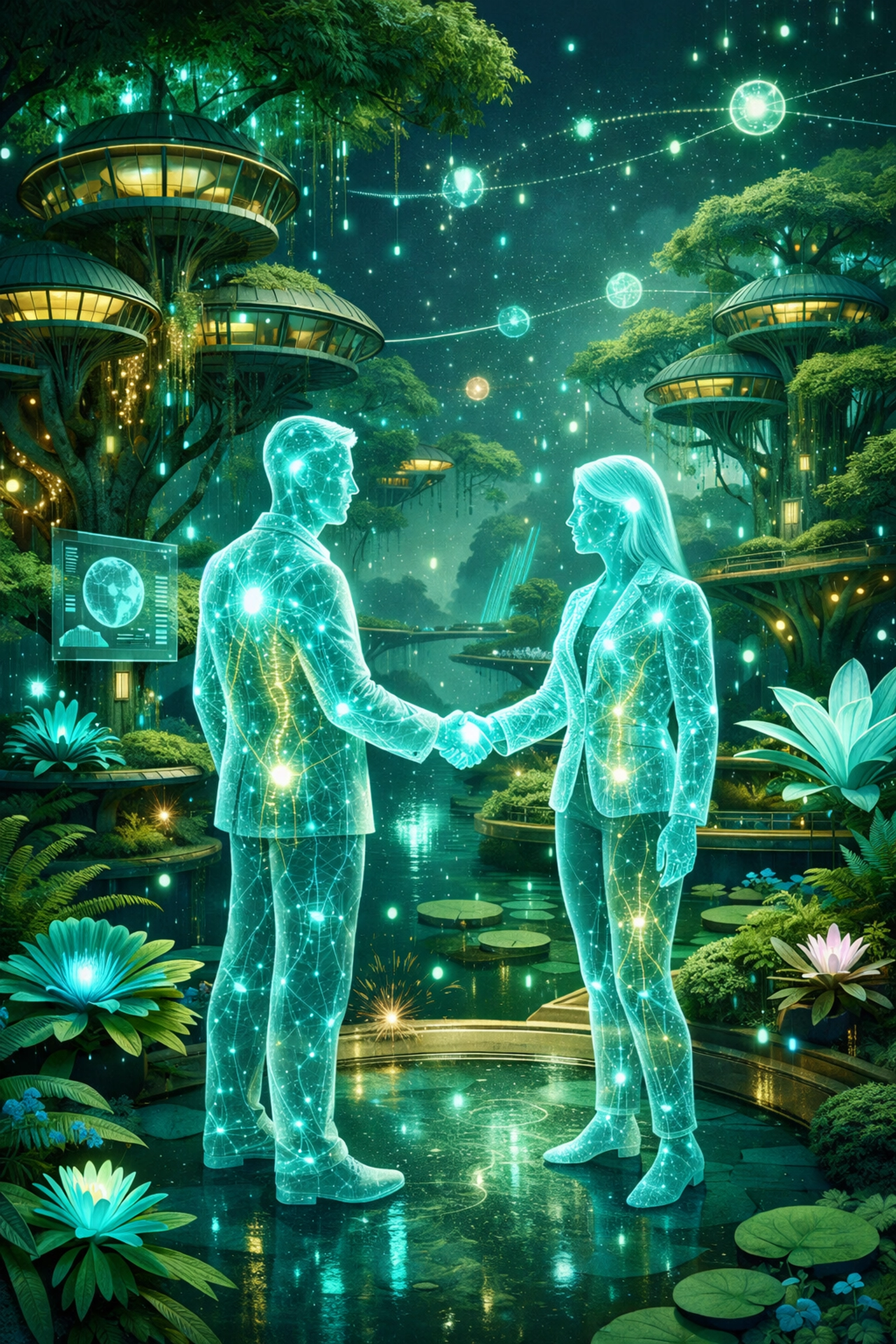 Professional avatars networking in a virtual green metaverse space for climate technology collaboration.