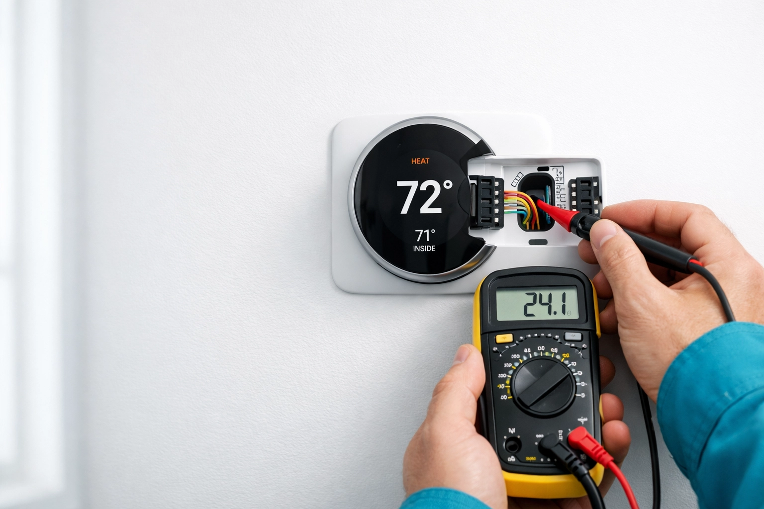 Technician testing thermostat wiring for ac repair Florida cooling problems
