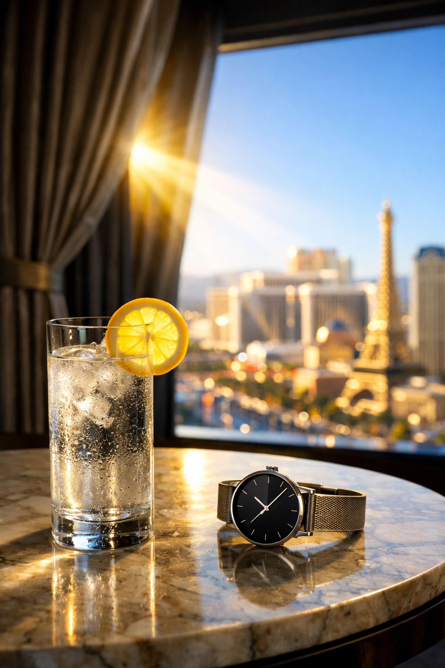 Morning sunlight in a Las Vegas hotel room with a watch showing local time for travelers and business.