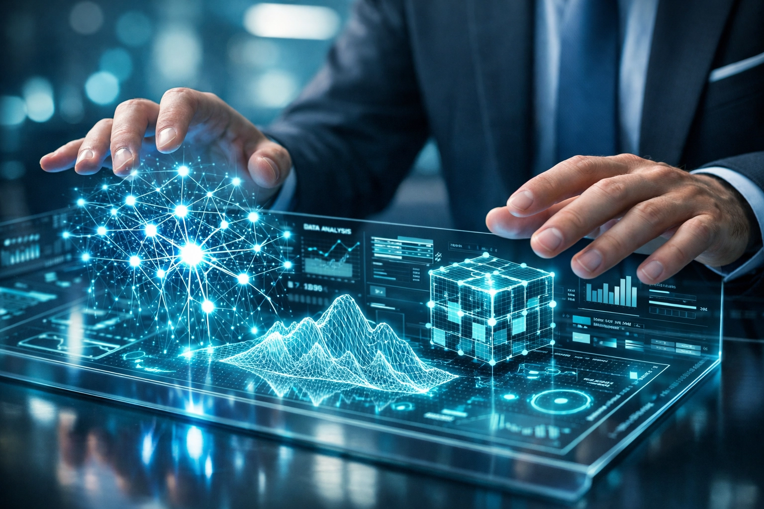 A professional using interactive AI neural networks for data science career advancement.