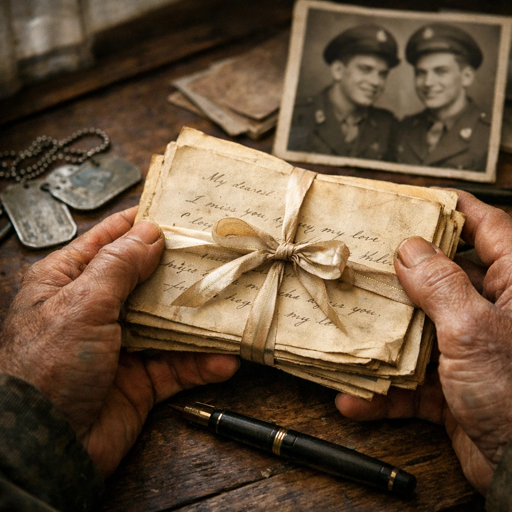 Vintage wartime love letters with ribbon, military dog tags, and soldier photo