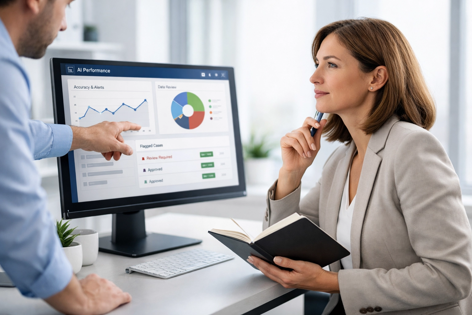 Professionals implementing a human-in-the-loop AI governance framework for ethical data review.