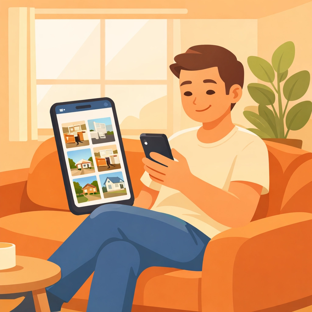 Homeowner viewing a professional project gallery using a simple photo timeline app on their mobile phone.