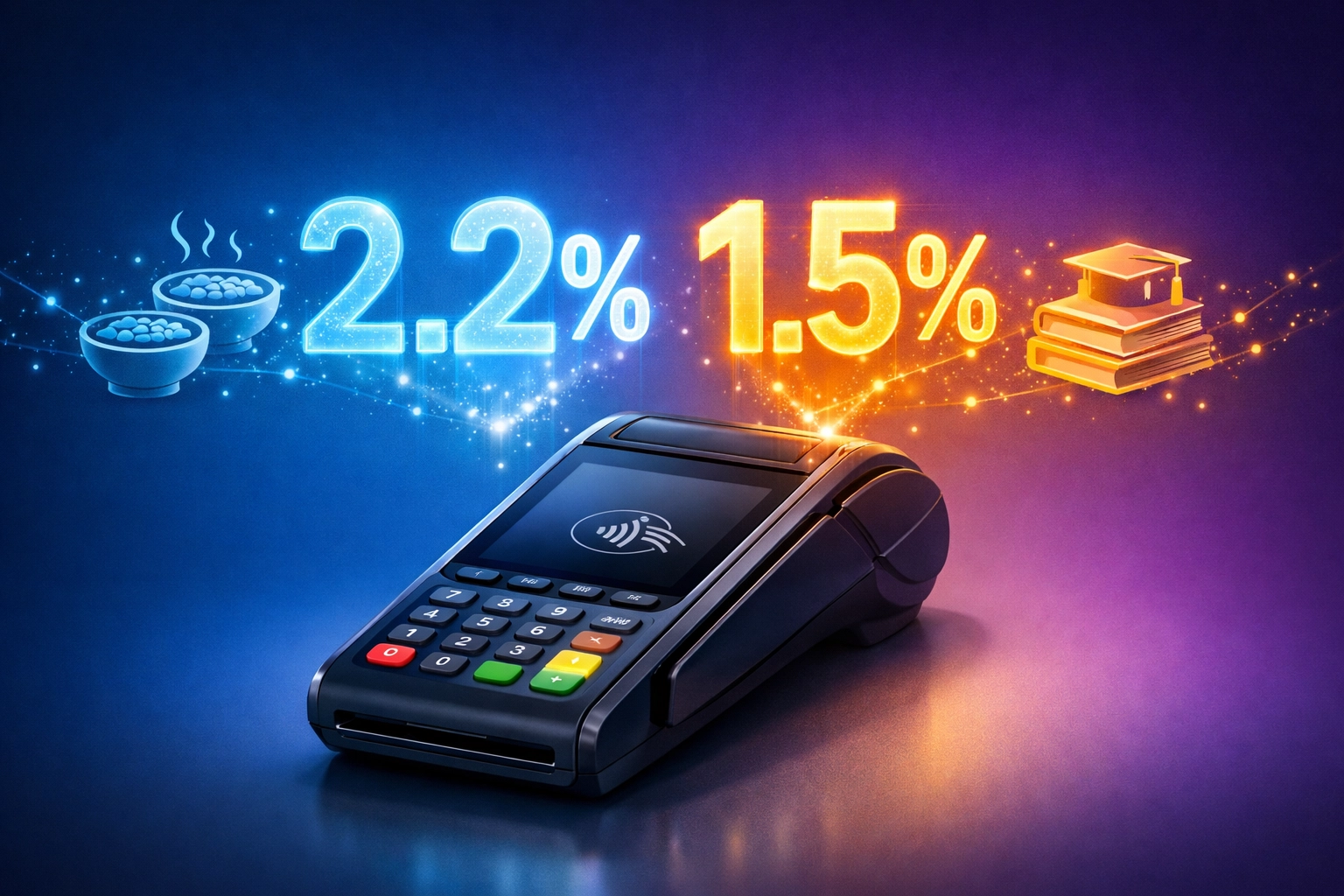 Larecoin payment terminal showing 2.2% fee with 1.5% allocated to social impact programs