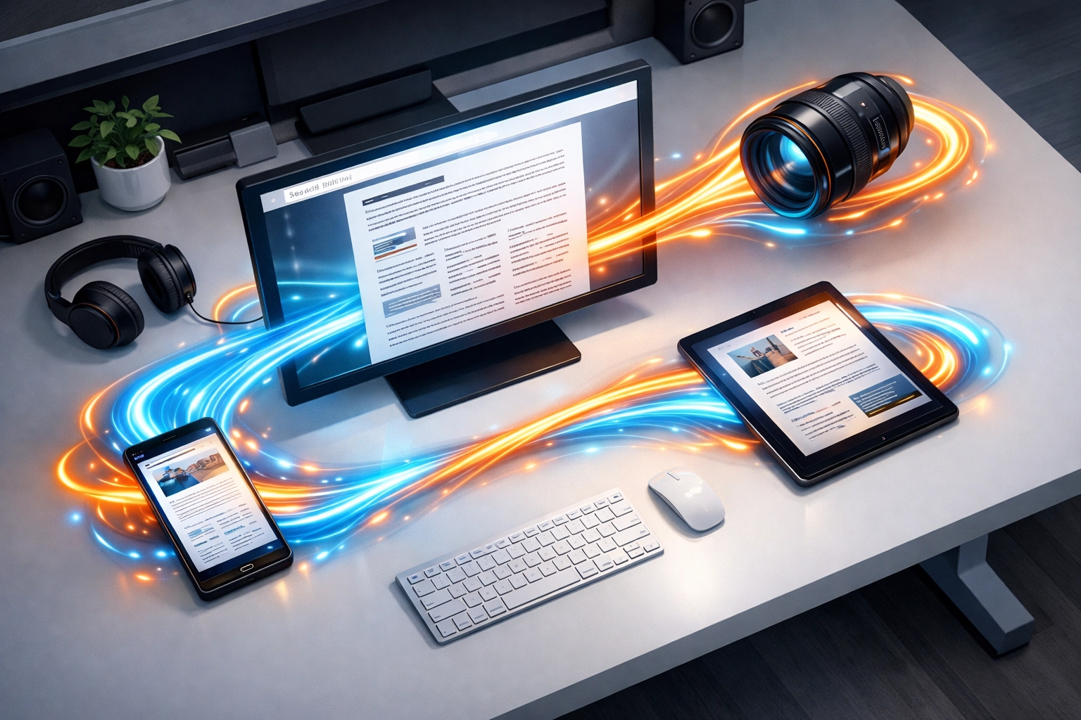 Content distribution strategy showing a blog post flowing to social media and mobile devices.