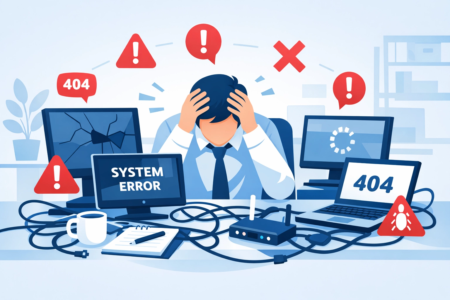 Frustrated business owner overwhelmed by DIY IT problems and broken computer equipment