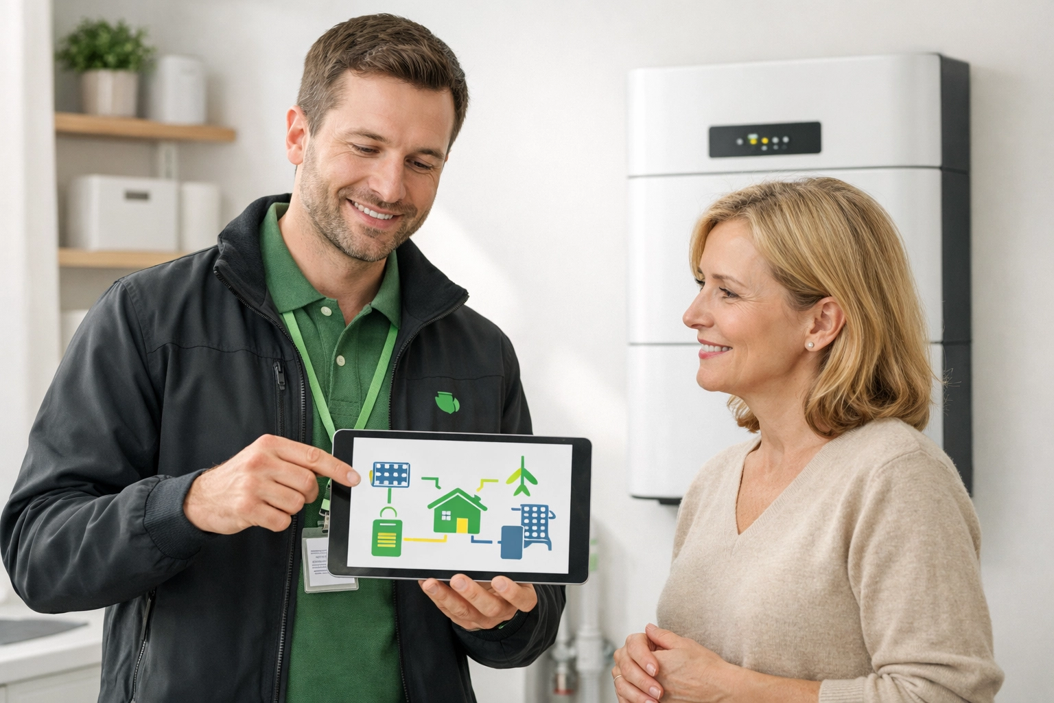 Renewable energy specialist showing a homeowner solar energy flow data on a tablet near a battery unit.