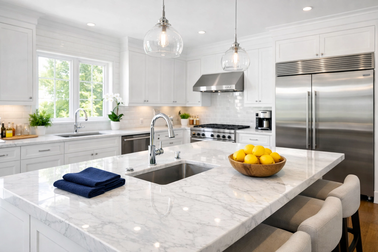 Spotless luxury kitchen in a Needham estate featuring marble countertops and gleaming appliances.