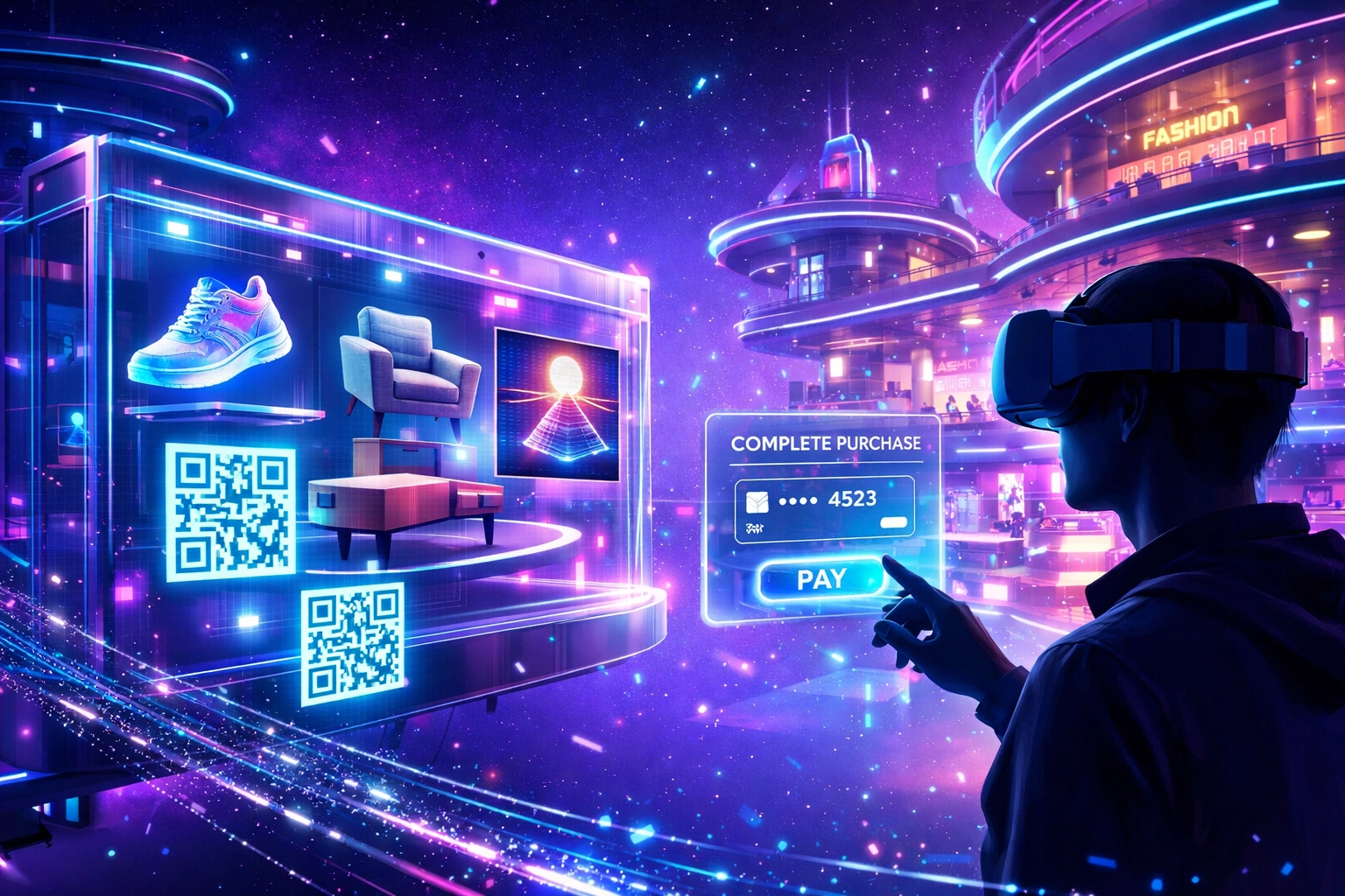 Virtual reality shopping mall with holographic storefronts and floating QR code payment systems