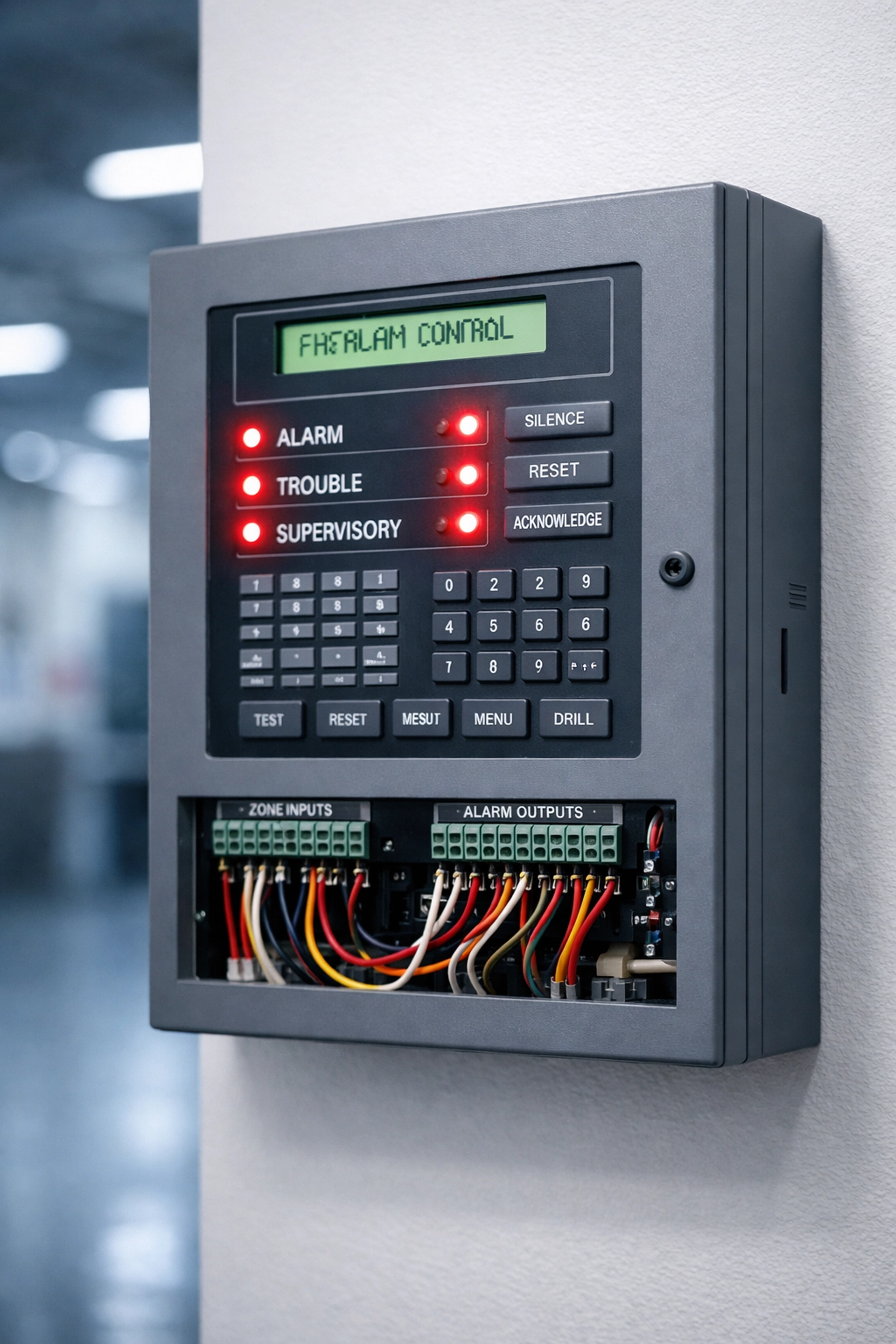 NFPA 72 compliant fire alarm control panel with LED indicators and wiring connections