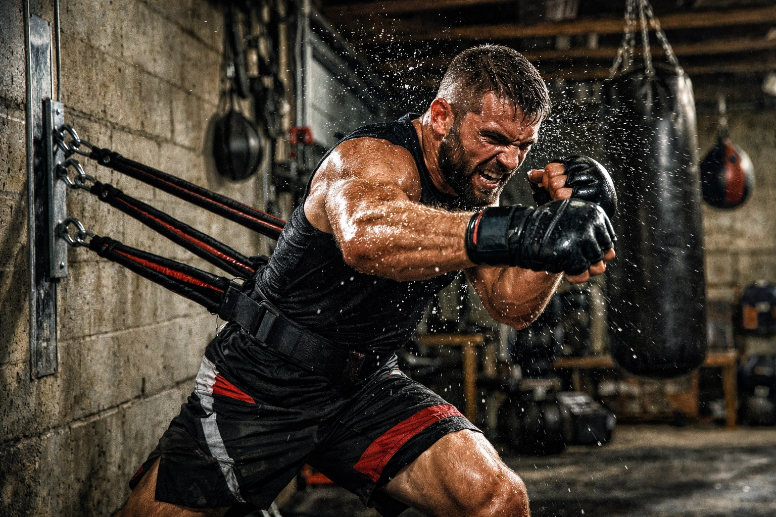MMA fighter performing high-intensity resistance training with bands anchored to a professional-grade home gym rail.
