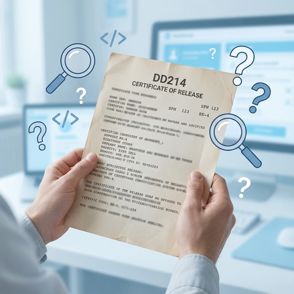 Close-up of DD214 Box 24 character of service codes (HON, GEN, OTH)