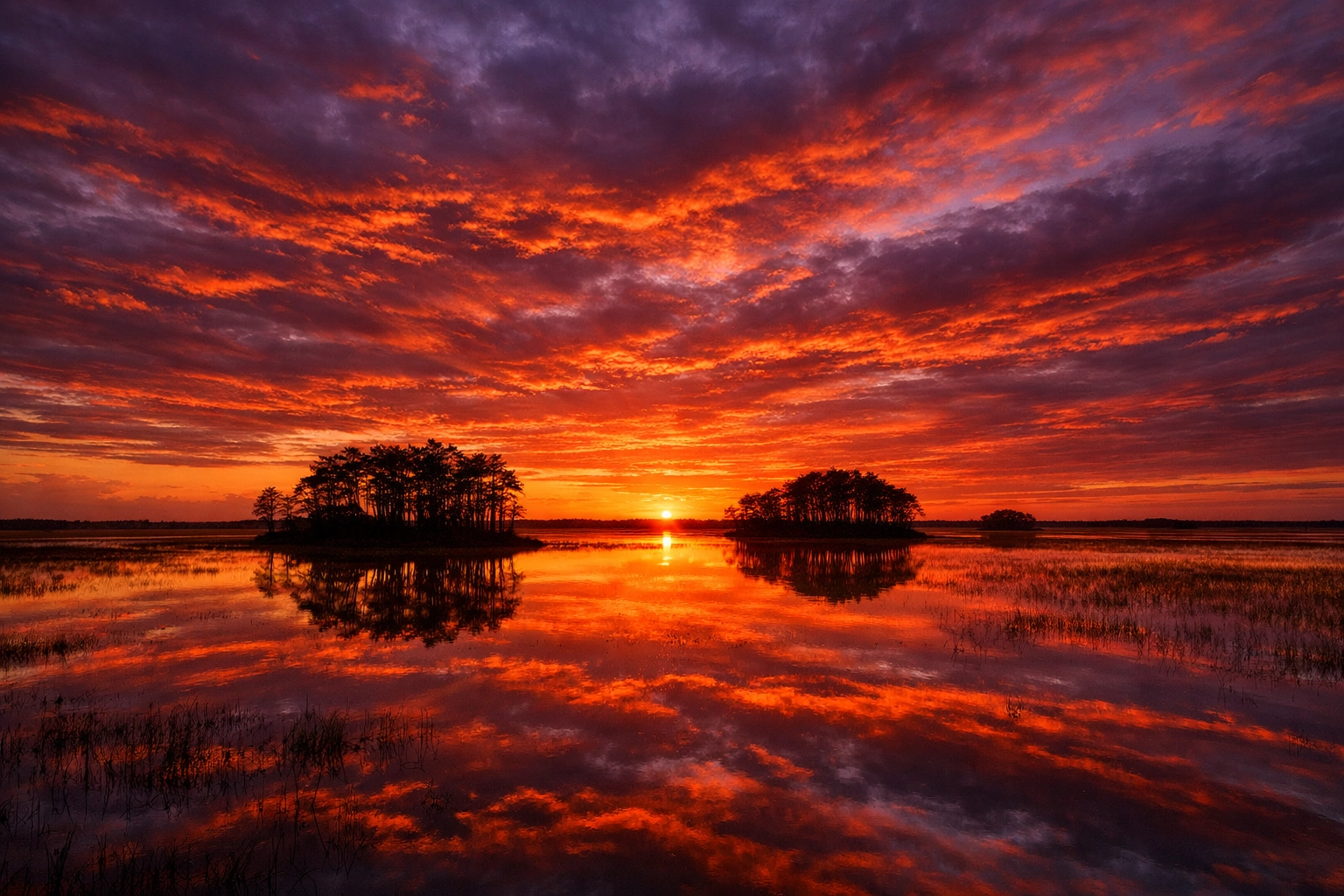 Vibrant sunset reflecting on the River of Grass at Shark Valley in Everglades National Park.
