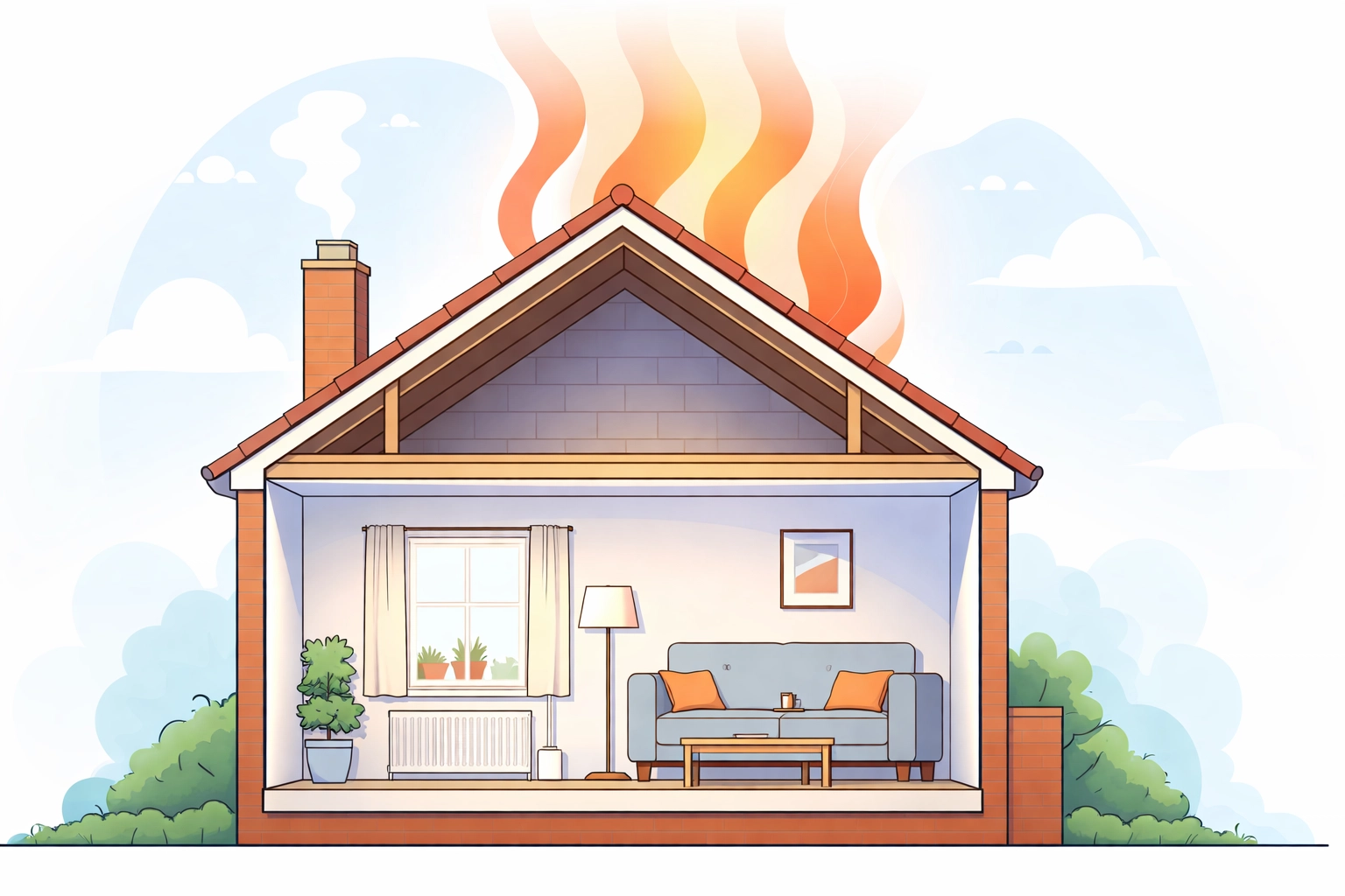 Illustration showing heat escaping through an uninsulated loft in a UK home, highlighting energy loss and the need for loft insulation.
