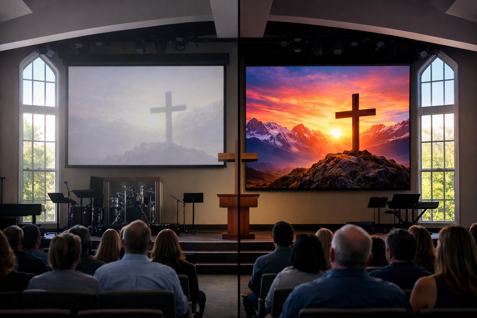 Side-by-side comparison of projector screen versus LED wall visibility in daylit church sanctuary