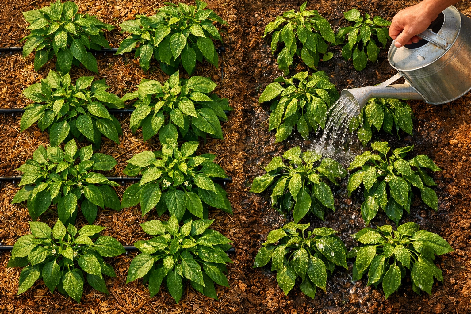 Comparison of healthy peppers with drip irrigation versus hand-watered garden plants