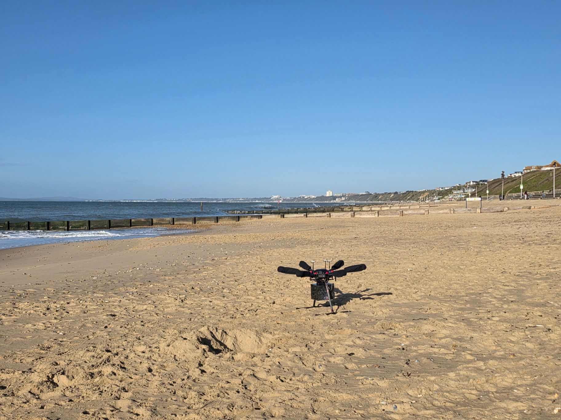 Drone on the beach with groynes at Southbourne