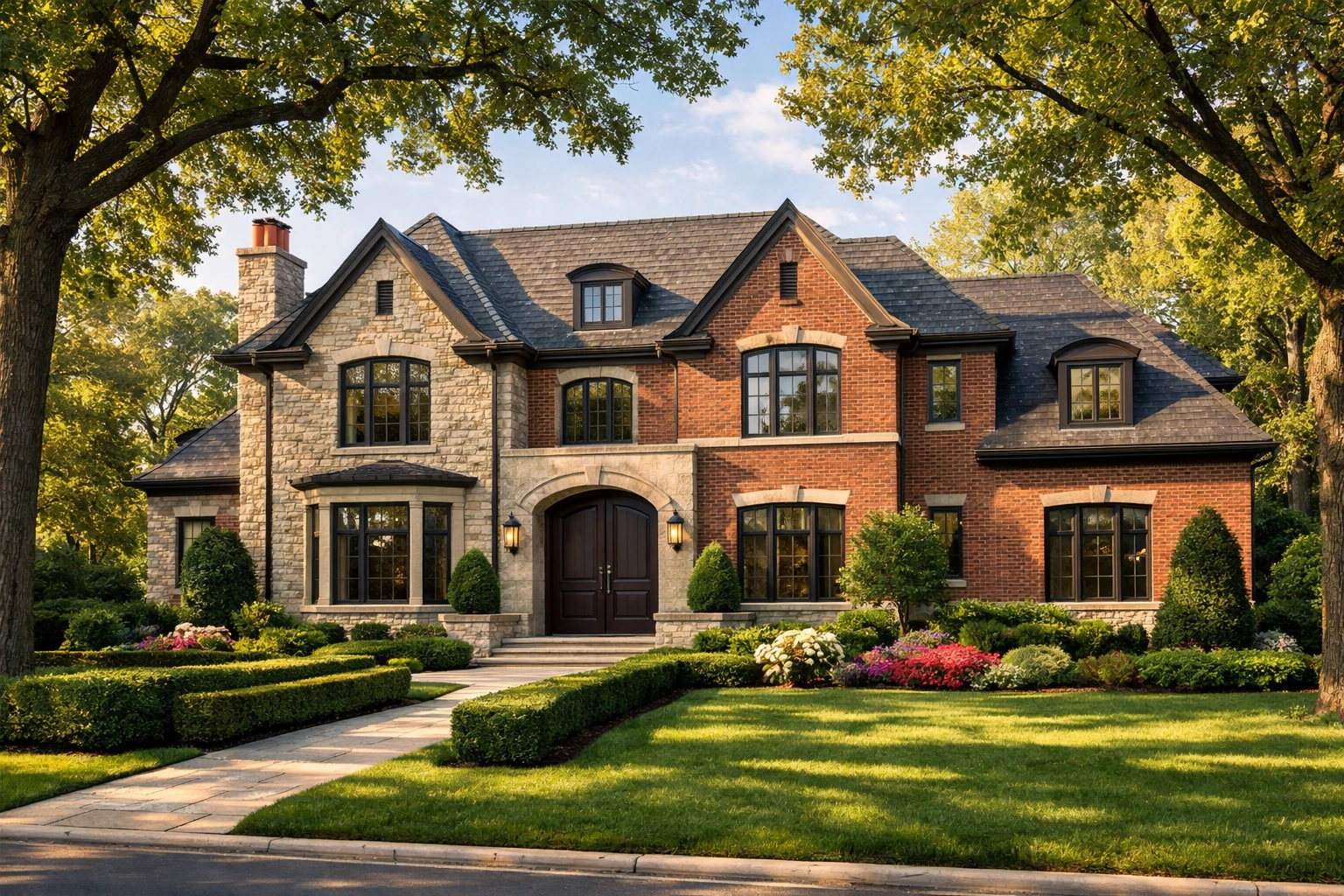 Stately Hinsdale luxury estate featuring stone and brick architecture in Chicago's western suburbs.