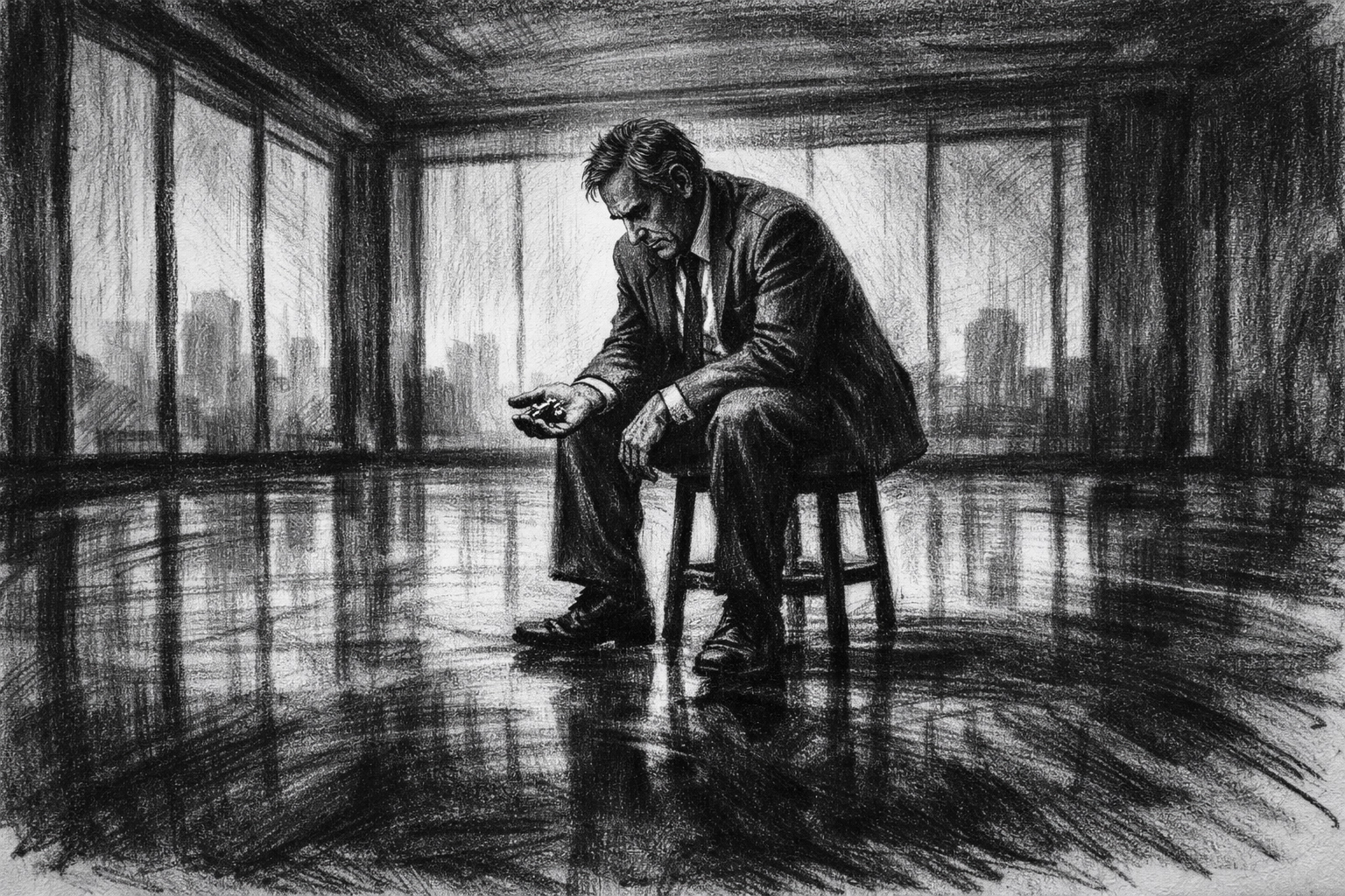 Business owner in an empty office reflecting on the emotional toll of selling their company.