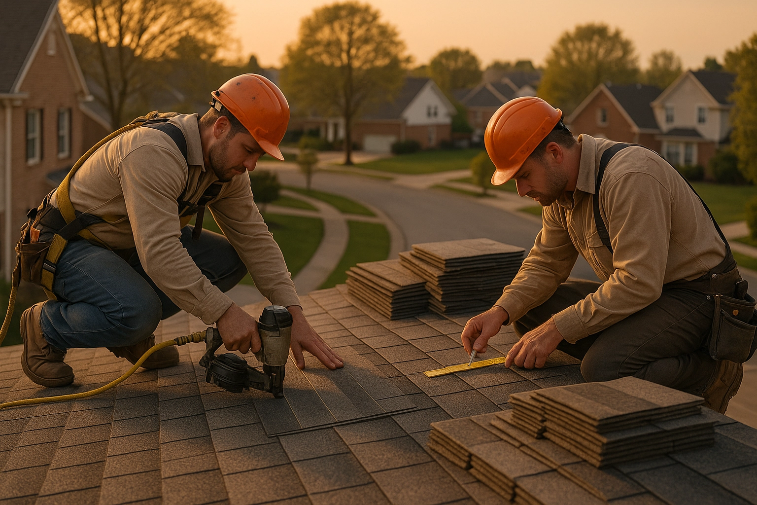 Roofers in action